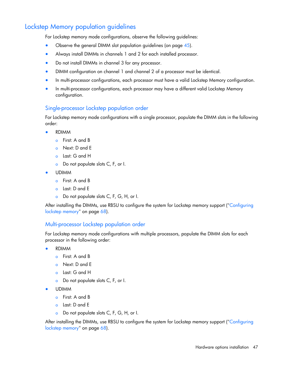 Lockstep memory population guidelines, Single-processor lockstep population order, Multi-processor lockstep population order | HP ProLiant DL380 G6 Server User Manual | Page 47 / 117