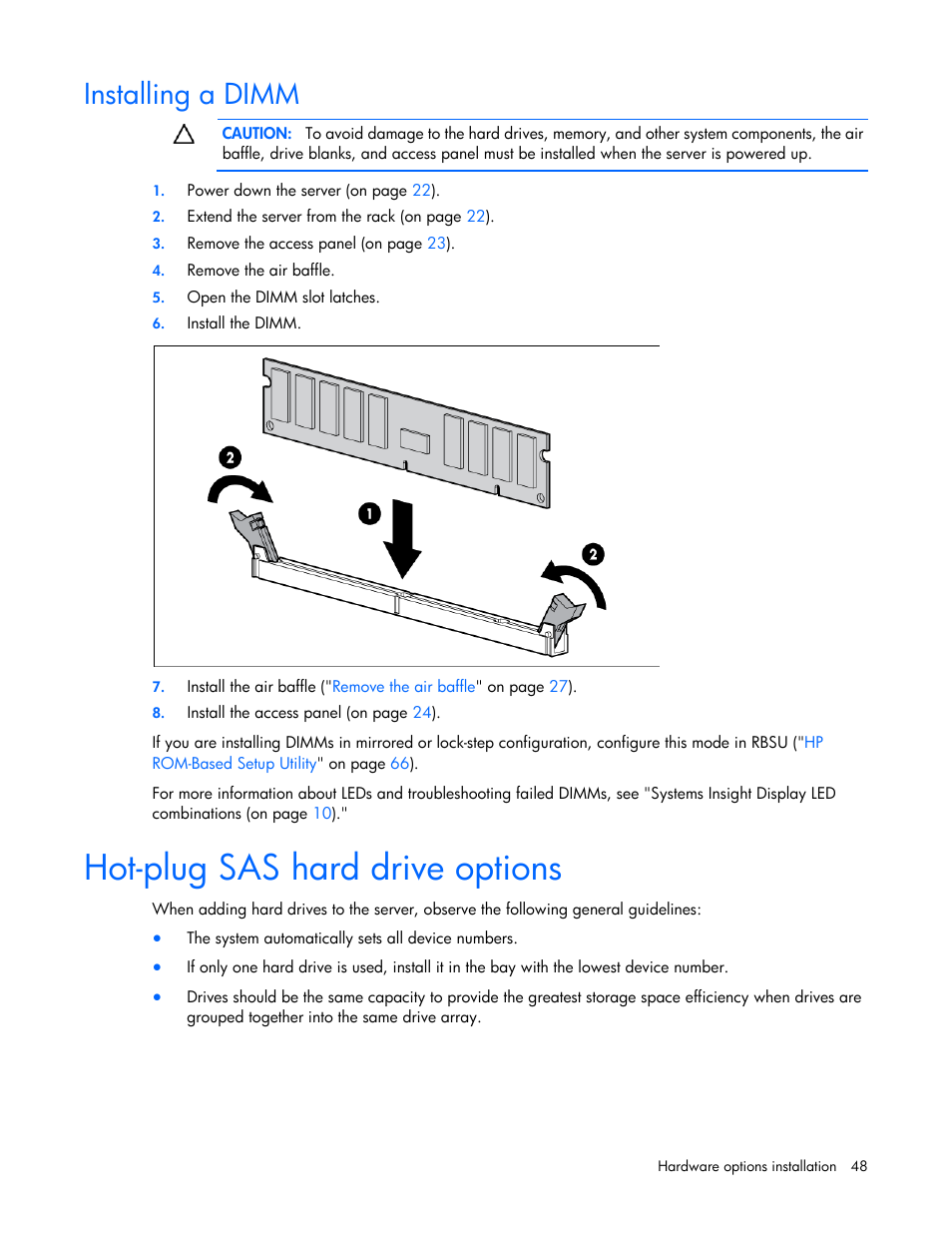 Installing a dimm, Hot-plug sas hard drive options | HP ProLiant DL380 G6 Server User Manual | Page 48 / 117