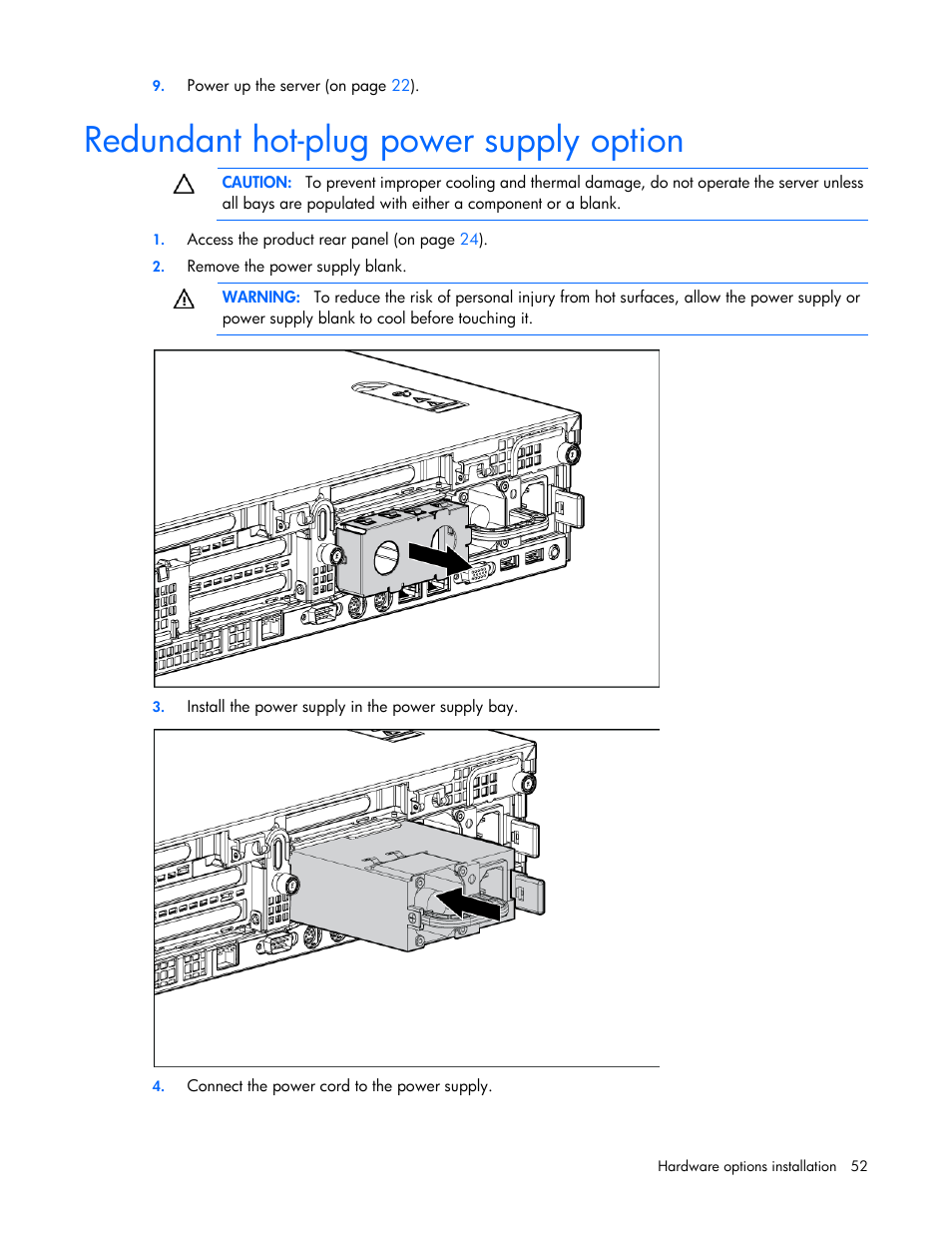 Redundant hot-plug power supply option | HP ProLiant DL380 G6 Server User Manual | Page 52 / 117