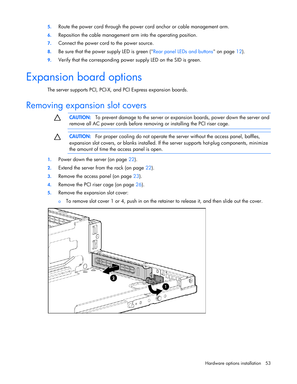 Expansion board options, Removing expansion slot covers | HP ProLiant DL380 G6 Server User Manual | Page 53 / 117