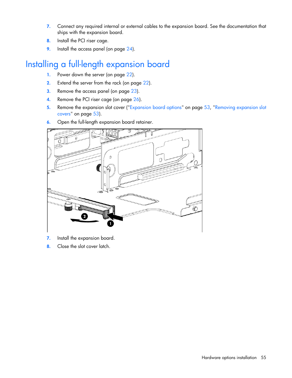 Installing a full-length expansion board | HP ProLiant DL380 G6 Server User Manual | Page 55 / 117