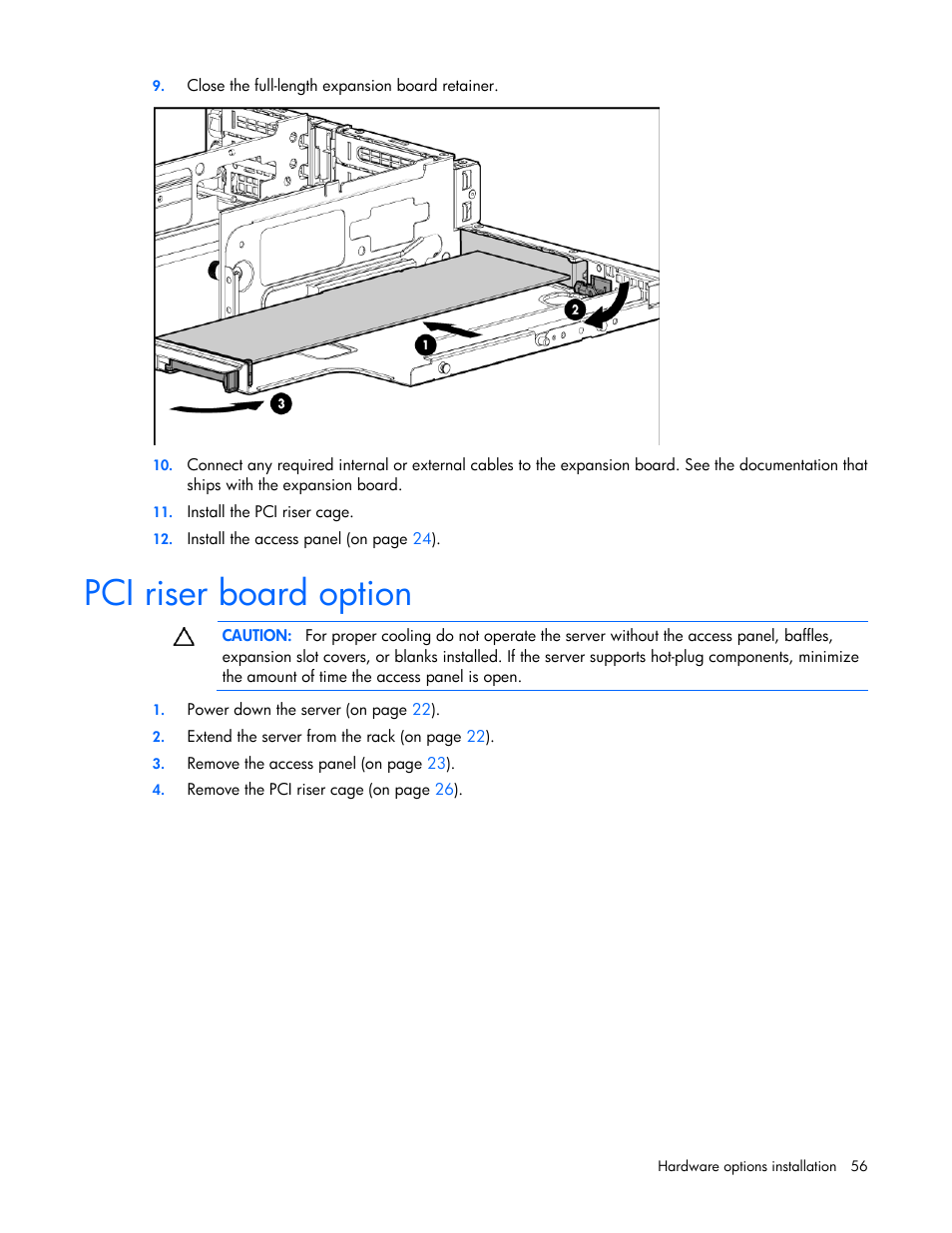 Pci riser board option | HP ProLiant DL380 G6 Server User Manual | Page 56 / 117