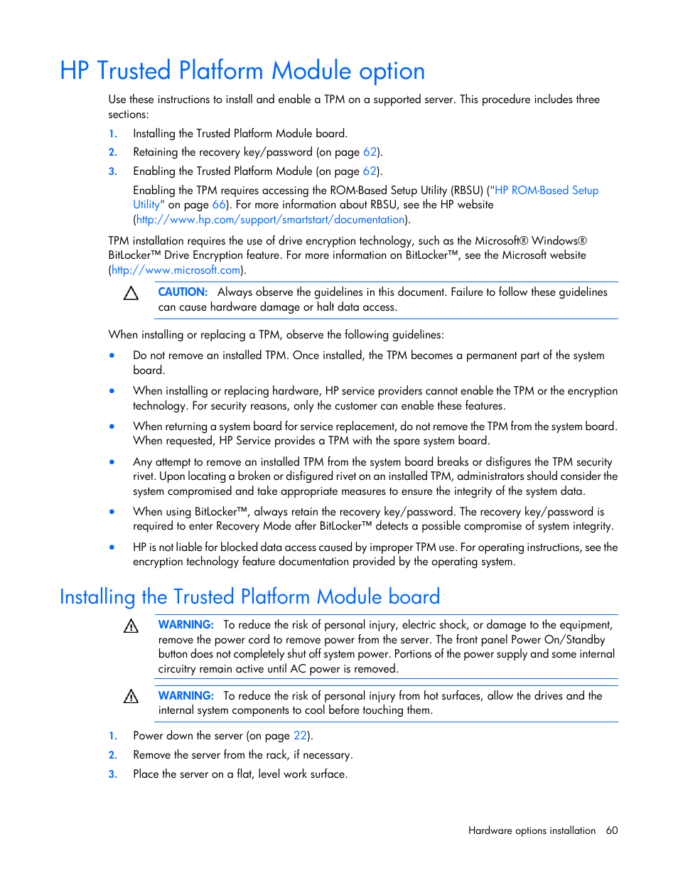 Hp trusted platform module option, Installing the trusted platform module board | HP ProLiant DL380 G6 Server User Manual | Page 60 / 117