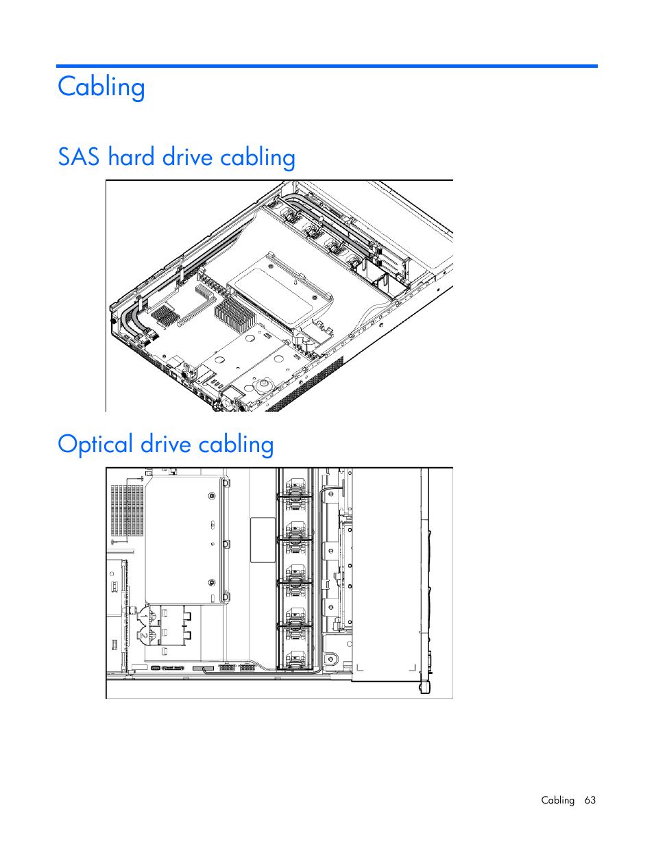 Cabling, Sas hard drive cabling, Optical drive cabling | HP ProLiant DL380 G6 Server User Manual | Page 63 / 117