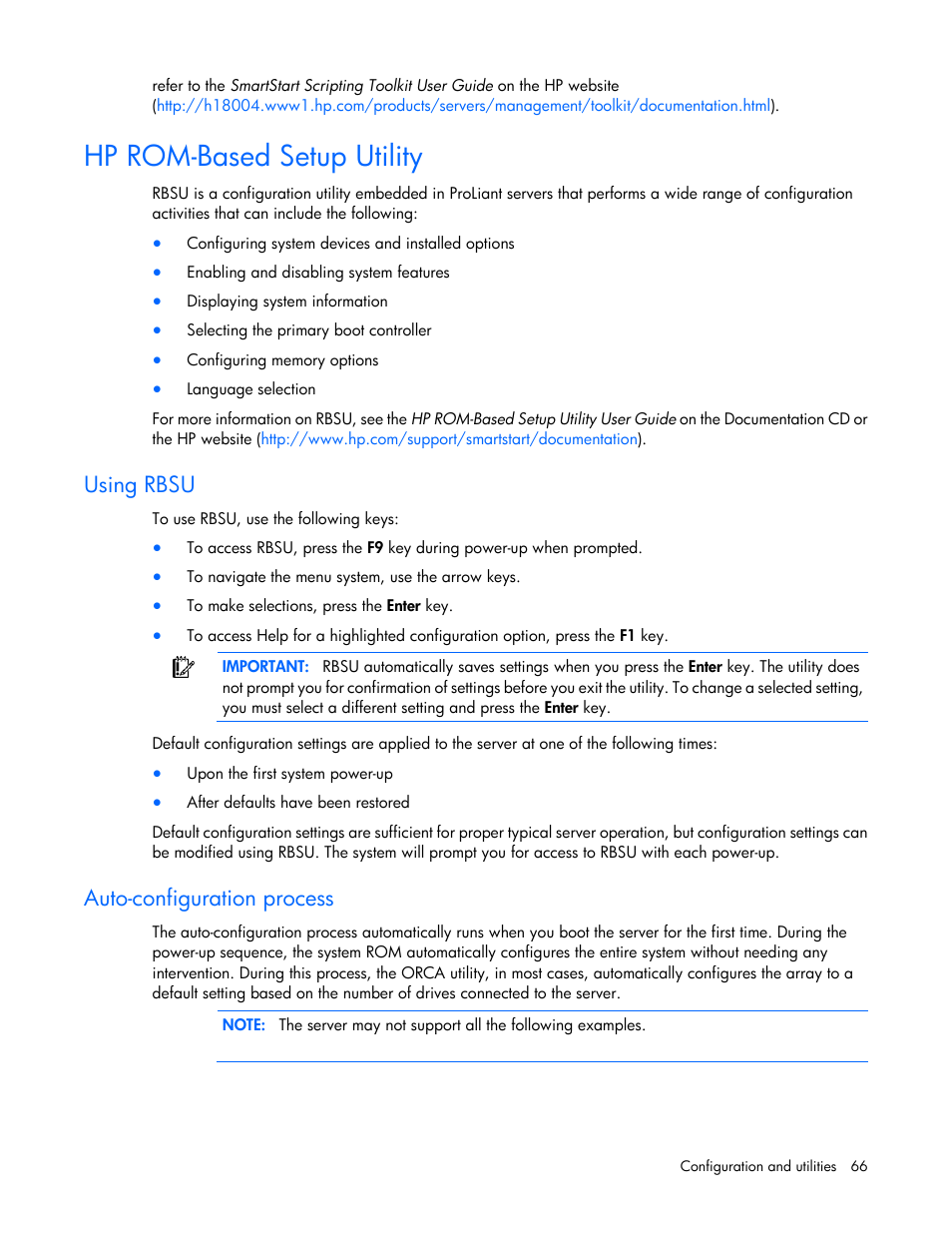 Hp rom-based setup utility, Using rbsu, Auto-configuration process | Rom-based setup utility, Hp rom-based setup, Utility | HP ProLiant DL380 G6 Server User Manual | Page 66 / 117