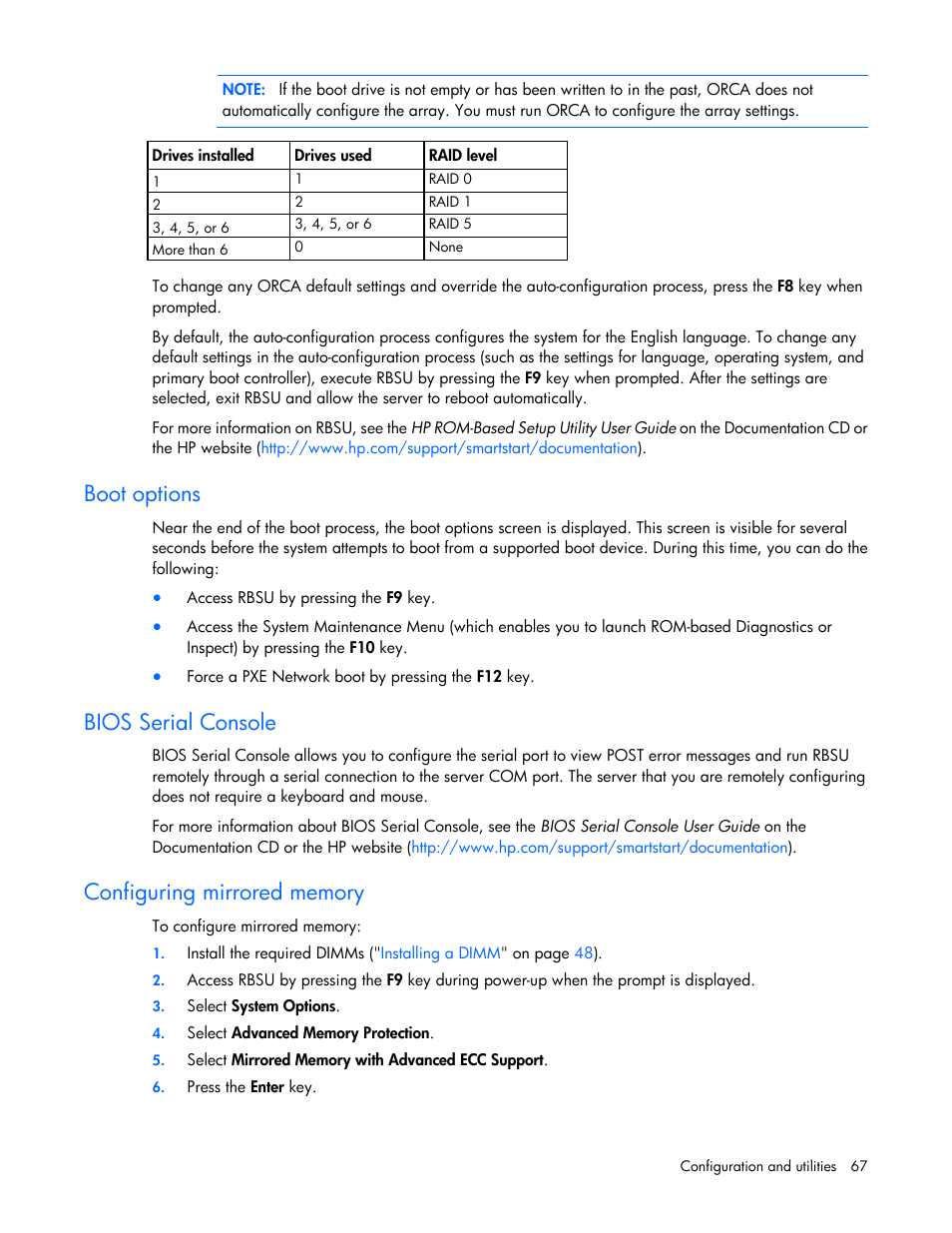 Boot options, Bios serial console, Configuring mirrored memory | Configuring, Mirrored memory | HP ProLiant DL380 G6 Server User Manual | Page 67 / 117