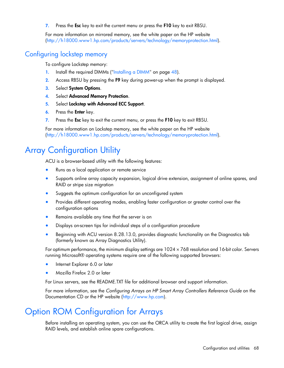 Configuring lockstep memory, Array configuration utility, Option rom configuration for arrays | Configuring, Lockstep memory | HP ProLiant DL380 G6 Server User Manual | Page 68 / 117