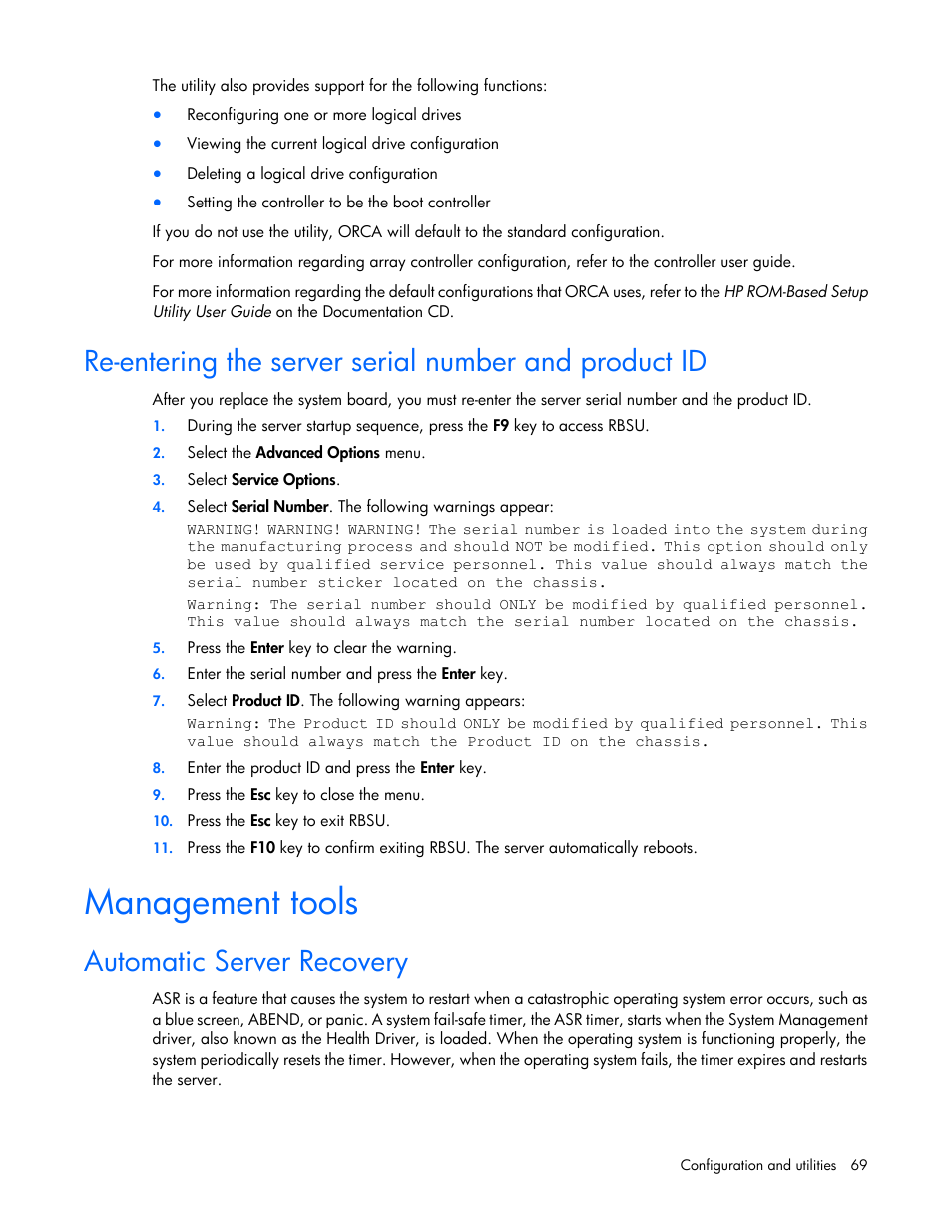 Management tools, Automatic server recovery | HP ProLiant DL380 G6 Server User Manual | Page 69 / 117