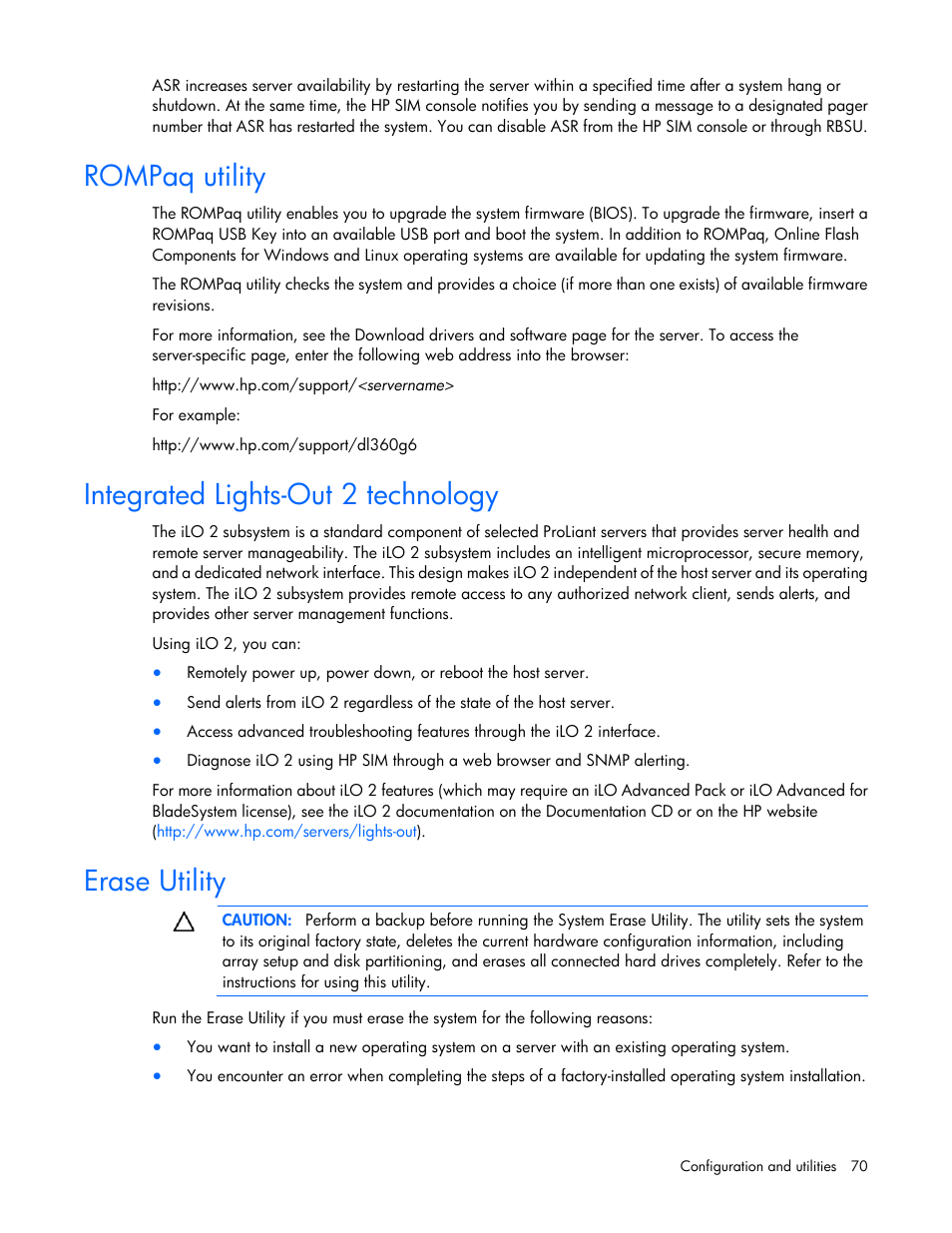 Rompaq utility, Integrated lights-out 2 technology, Erase utility | HP ProLiant DL380 G6 Server User Manual | Page 70 / 117