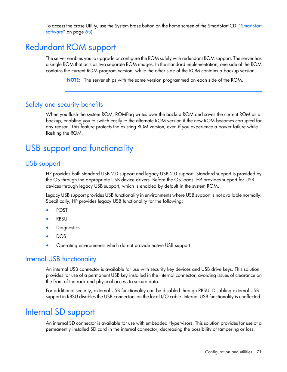 Redundant rom support, Safety and security benefits, Usb support and functionality | Usb support, Internal usb functionality, Internal sd support | HP ProLiant DL380 G6 Server User Manual | Page 71 / 117