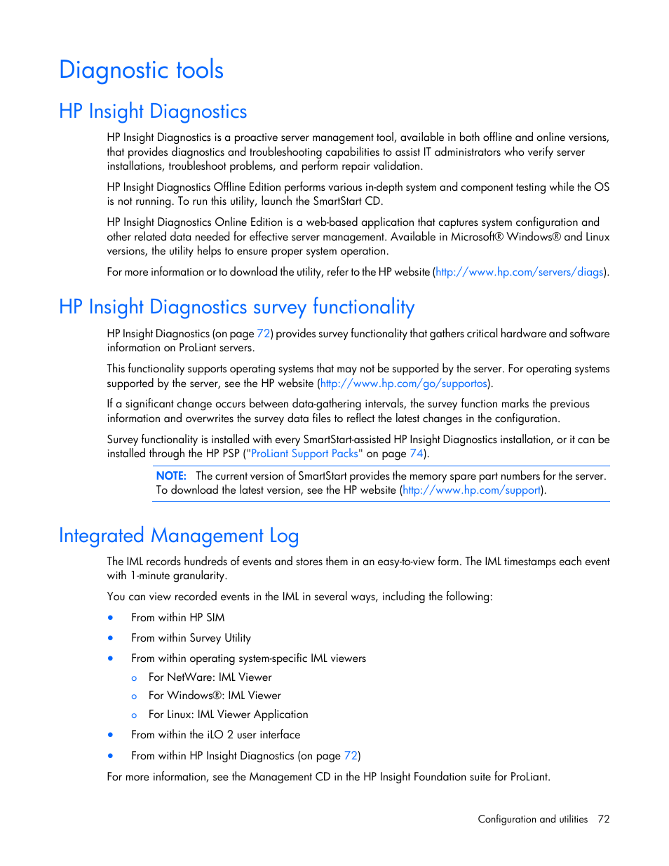 Diagnostic tools, Hp insight diagnostics, Hp insight diagnostics survey functionality | Integrated management log | HP ProLiant DL380 G6 Server User Manual | Page 72 / 117