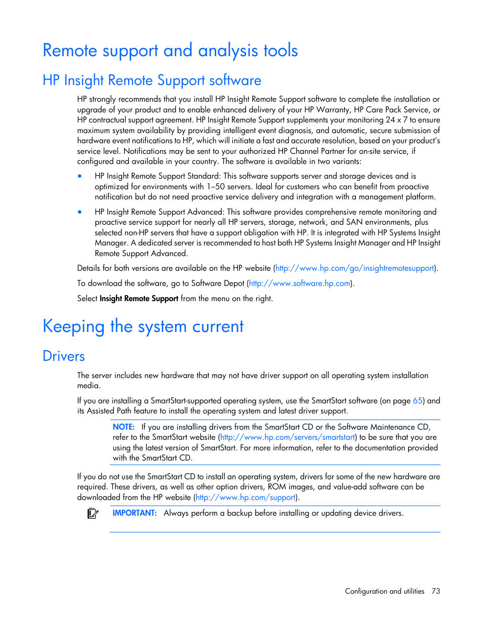 Remote support and analysis tools, Hp insight remote support software, Keeping the system current | Drivers | HP ProLiant DL380 G6 Server User Manual | Page 73 / 117