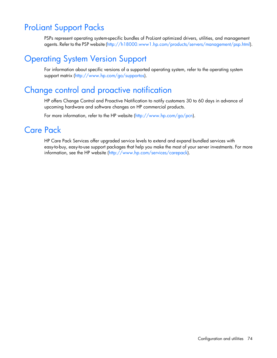 Proliant support packs, Operating system version support, Change control and proactive notification | Care pack | HP ProLiant DL380 G6 Server User Manual | Page 74 / 117