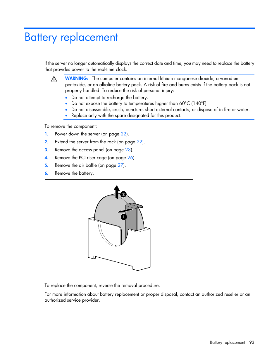 Battery replacement | HP ProLiant DL380 G6 Server User Manual | Page 93 / 117