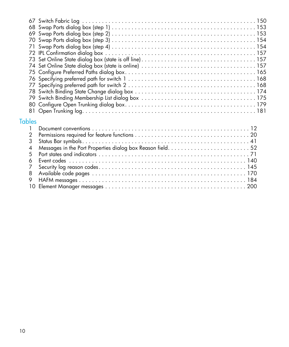 Tables | HP StorageWorks 2.32 Edge Switch User Manual | Page 10 / 228