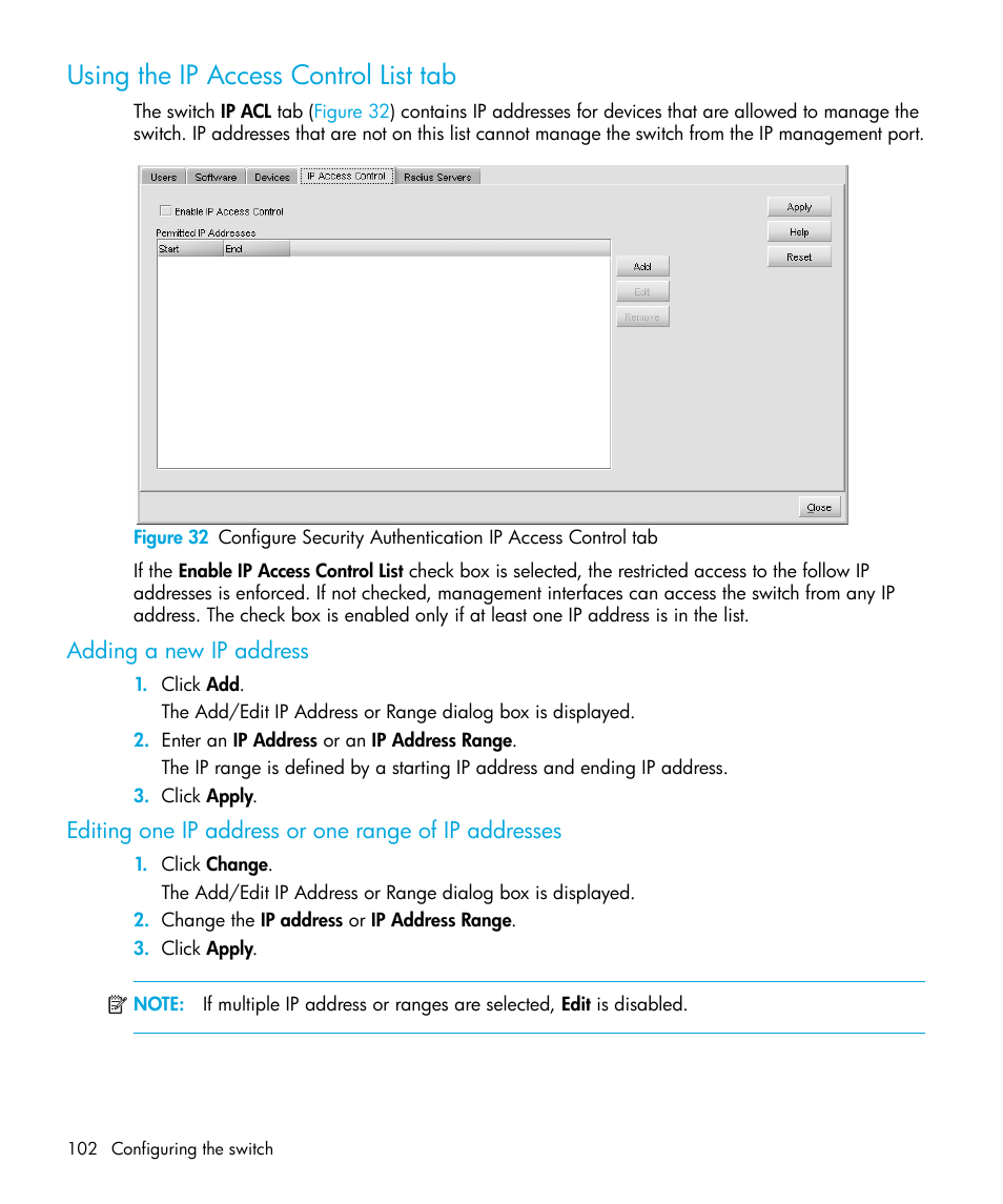 Using the ip access control list tab, Adding a new ip address | HP StorageWorks 2.32 Edge Switch User Manual | Page 102 / 228