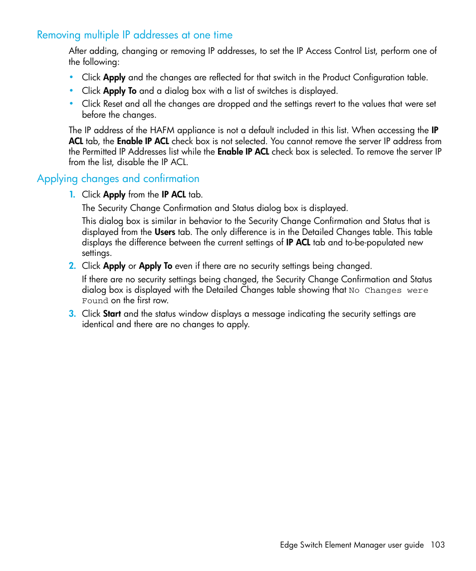 Removing multiple ip addresses at one time, Applying changes and confirmation | HP StorageWorks 2.32 Edge Switch User Manual | Page 103 / 228