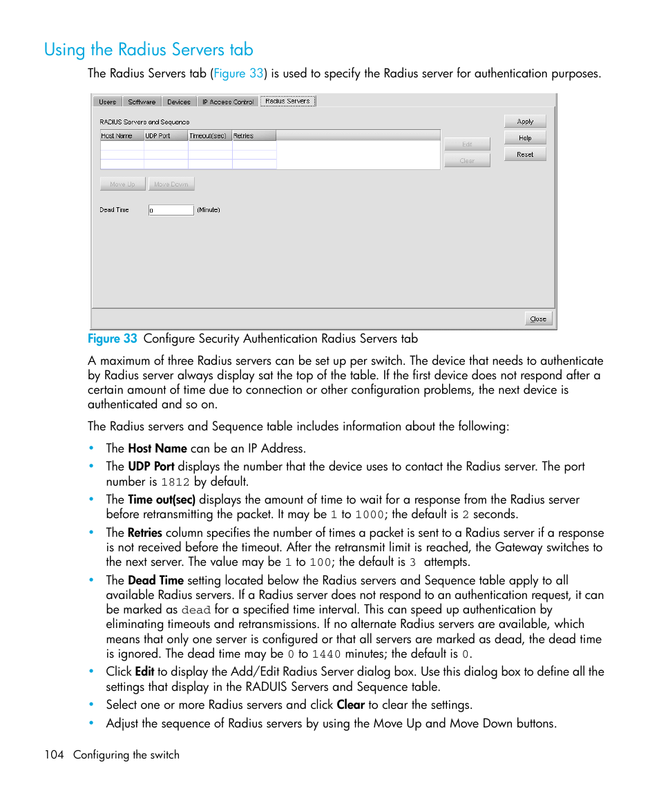 Using the radius servers tab | HP StorageWorks 2.32 Edge Switch User Manual | Page 104 / 228