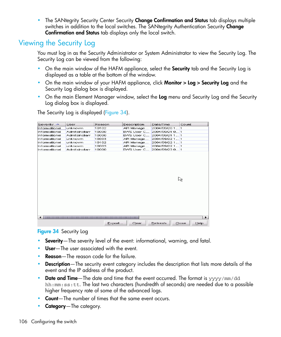 Viewing the security log, Figure 34 security log, 34 security log | HP StorageWorks 2.32 Edge Switch User Manual | Page 106 / 228