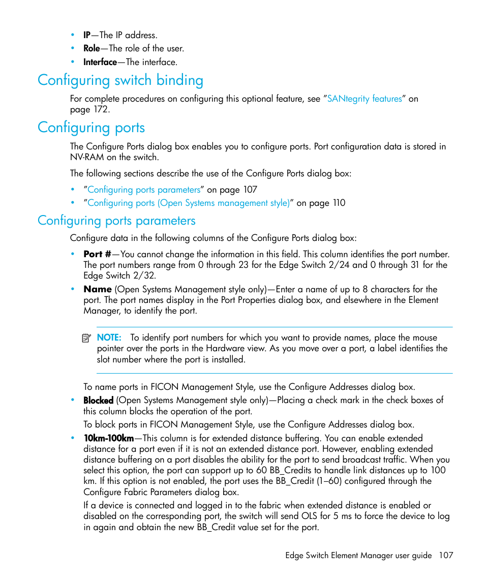 Configuring switch binding, Configuring ports, Configuring ports parameters | Bed in | HP StorageWorks 2.32 Edge Switch User Manual | Page 107 / 228