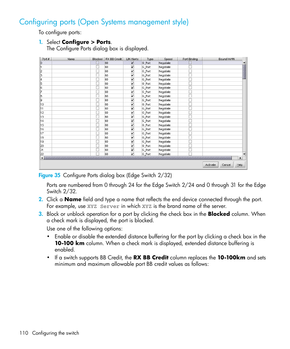 Configuring ports (open systems management style), 35 configure ports dialog box (edge switch 2/32) | HP StorageWorks 2.32 Edge Switch User Manual | Page 110 / 228