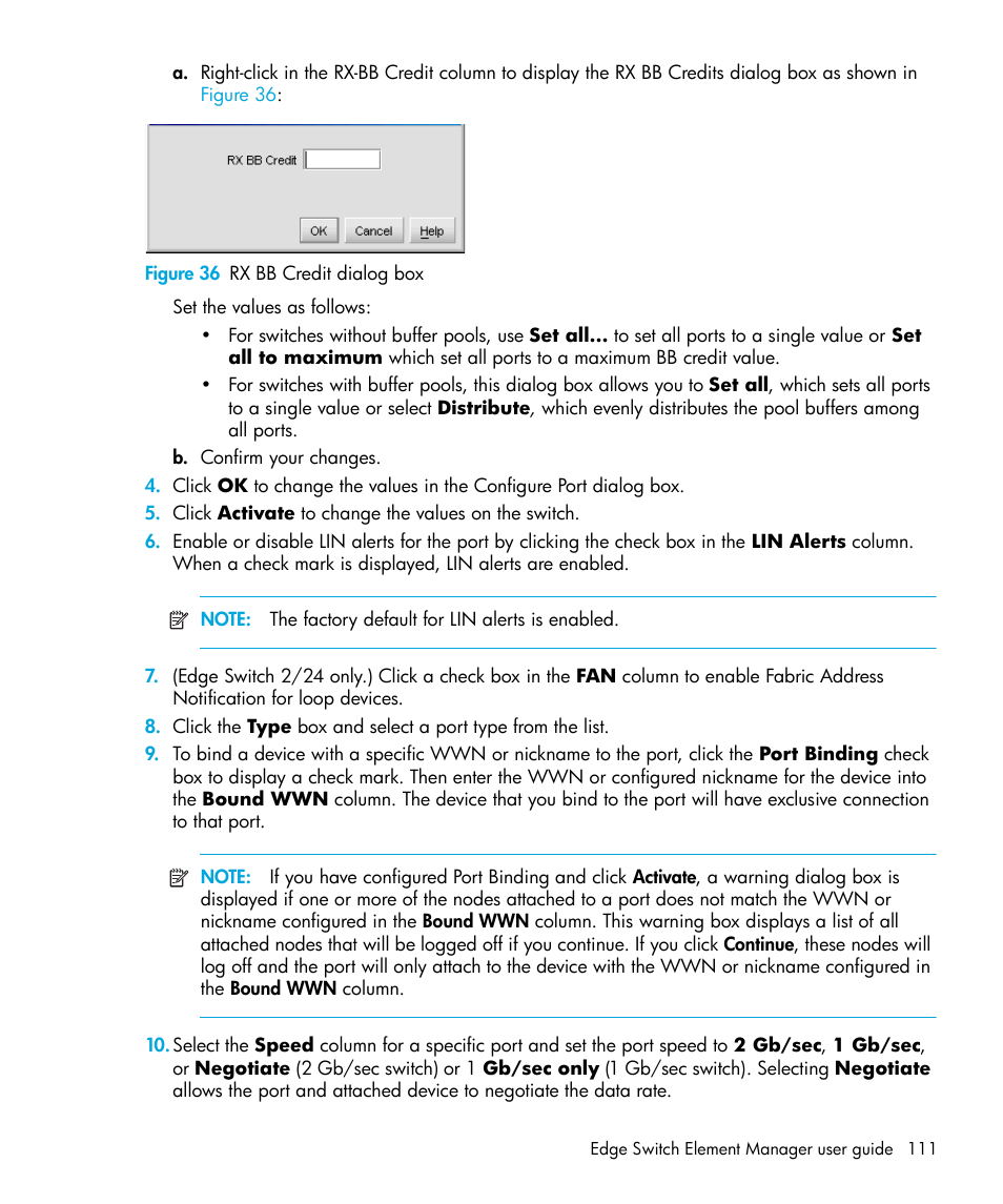 Figure 36 rx bb credit dialog box, 36 rx bb credit dialog box | HP StorageWorks 2.32 Edge Switch User Manual | Page 111 / 228