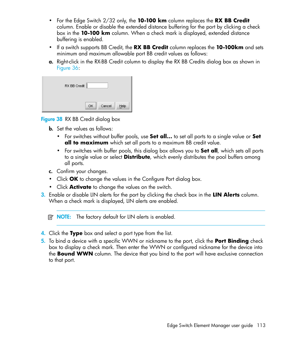 Figure 38 rx bb credit dialog box, 38 rx bb credit dialog box | HP StorageWorks 2.32 Edge Switch User Manual | Page 113 / 228