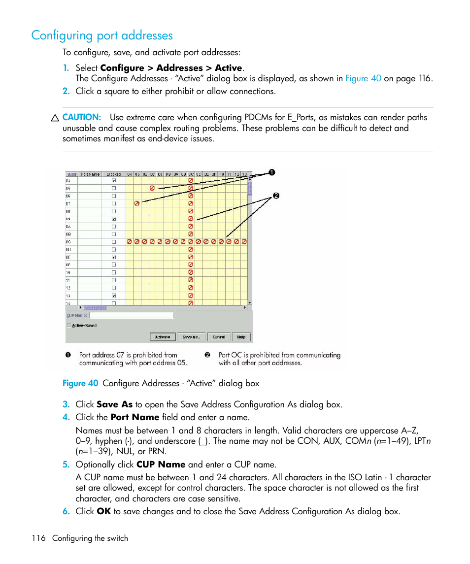 Configuring port addresses, 40 configure addresses - “active” dialog box, Figure 40 | HP StorageWorks 2.32 Edge Switch User Manual | Page 116 / 228