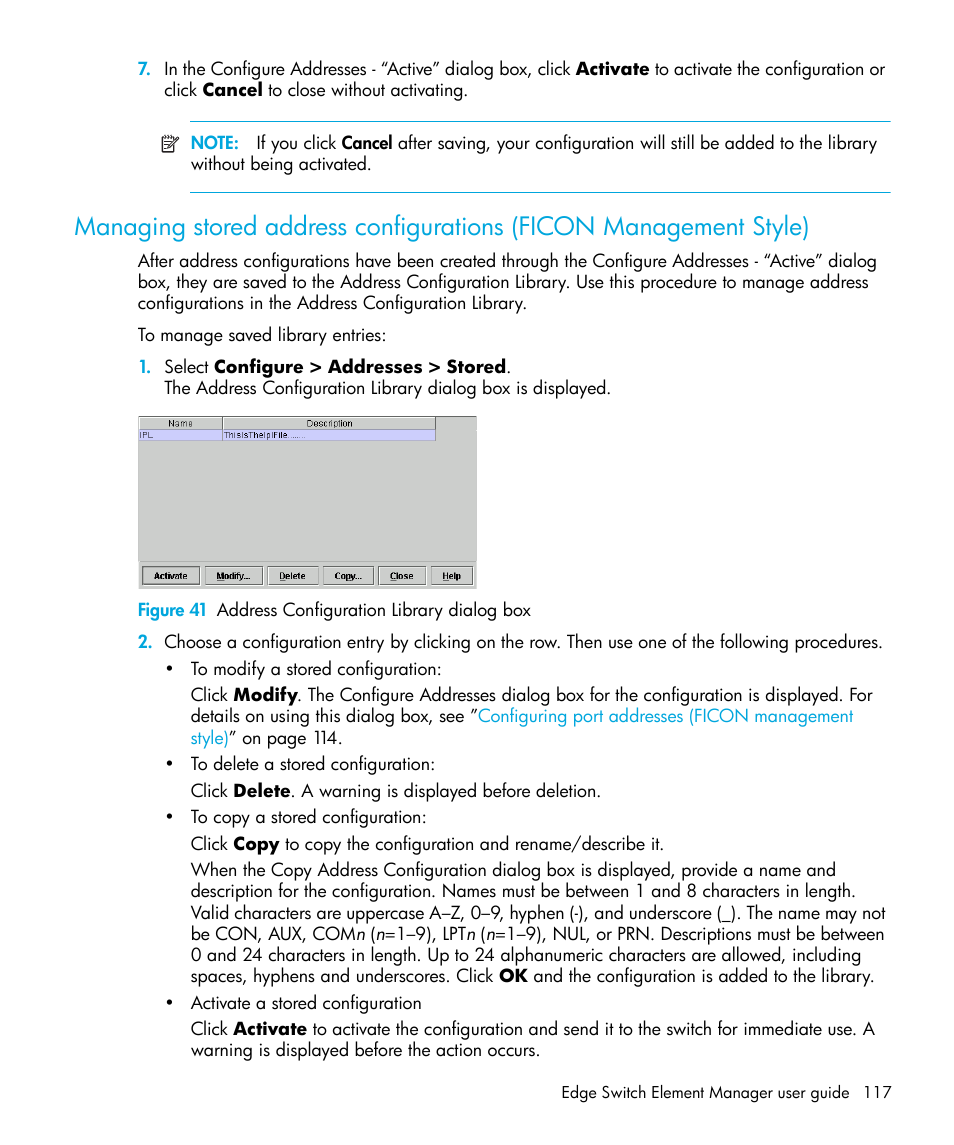 Figure 41 address configuration library dialog box, 41 address configuration library dialog box | HP StorageWorks 2.32 Edge Switch User Manual | Page 117 / 228