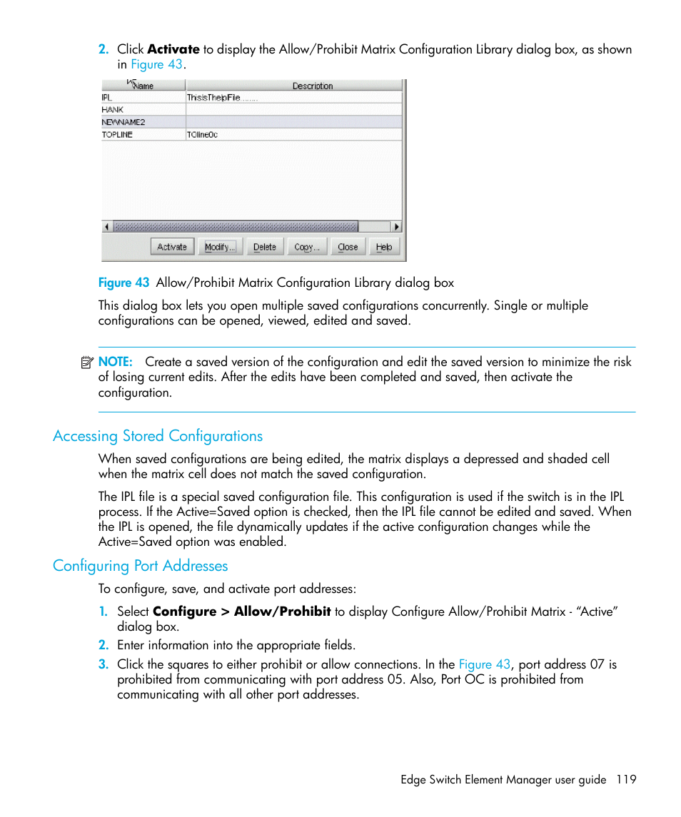 Accessing stored configurations, Configuring port addresses | HP StorageWorks 2.32 Edge Switch User Manual | Page 119 / 228