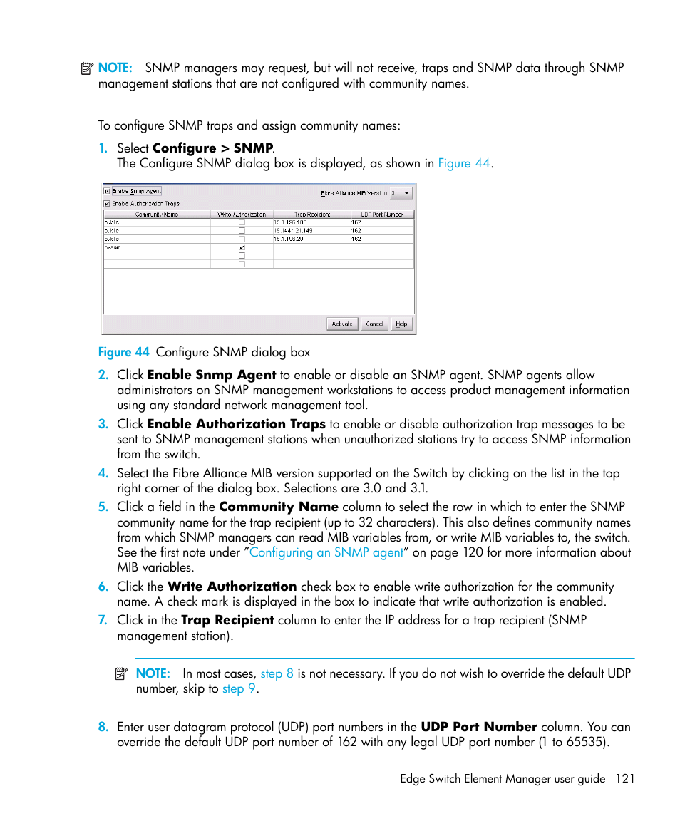 Figure 44 configure snmp dialog box, 44 configure snmp dialog box | HP StorageWorks 2.32 Edge Switch User Manual | Page 121 / 228