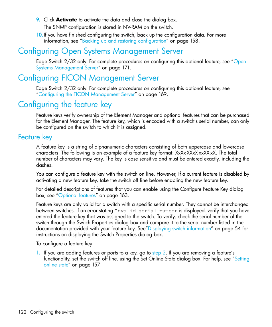 Configuring open systems management server, Configuring ficon management server, Configuring the feature key | Feature key, Configuring the feature key” on, Configuring the, Step 9 | HP StorageWorks 2.32 Edge Switch User Manual | Page 122 / 228