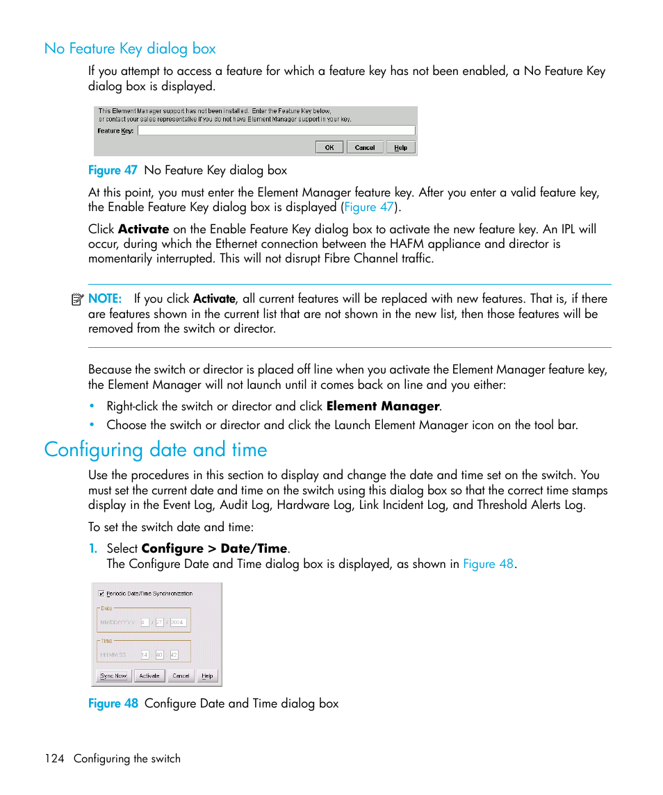 No feature key dialog box, Figure 47 no feature key dialog box, Configuring date and time | Figure 48 configure date and time dialog box, 47 no feature key dialog box, 48 configure date and time dialog box | HP StorageWorks 2.32 Edge Switch User Manual | Page 124 / 228