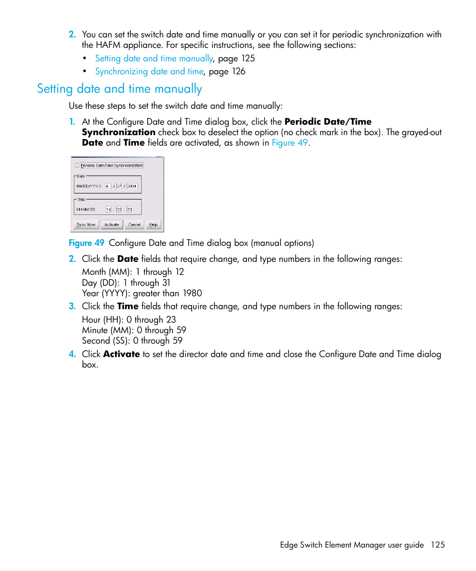 Setting date and time manually | HP StorageWorks 2.32 Edge Switch User Manual | Page 125 / 228