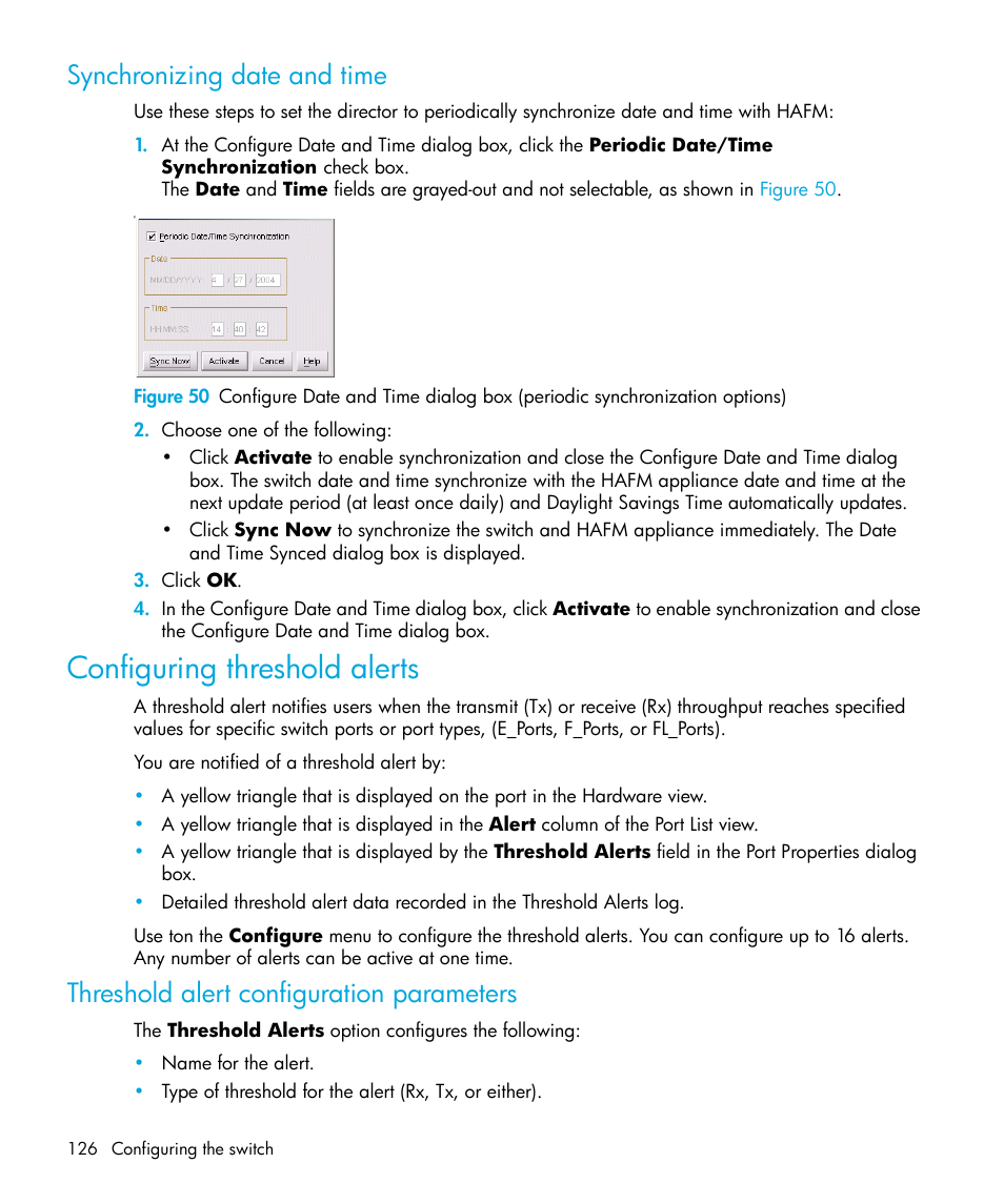 Synchronizing date and time, Configuring threshold alerts, Threshold alert configuration parameters | HP StorageWorks 2.32 Edge Switch User Manual | Page 126 / 228