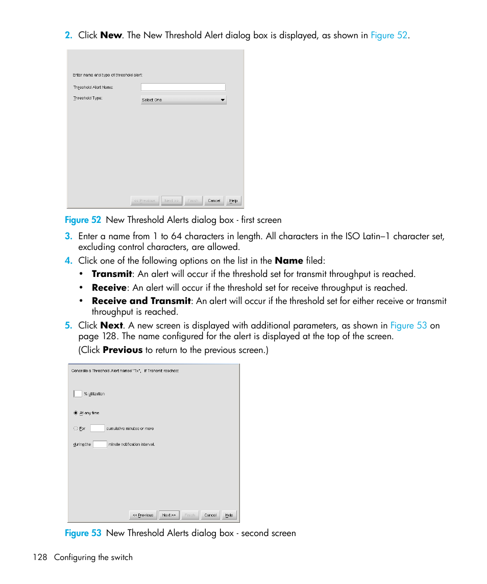 52 new threshold alerts dialog box - first screen, 53 new threshold alerts dialog box - second screen | HP StorageWorks 2.32 Edge Switch User Manual | Page 128 / 228