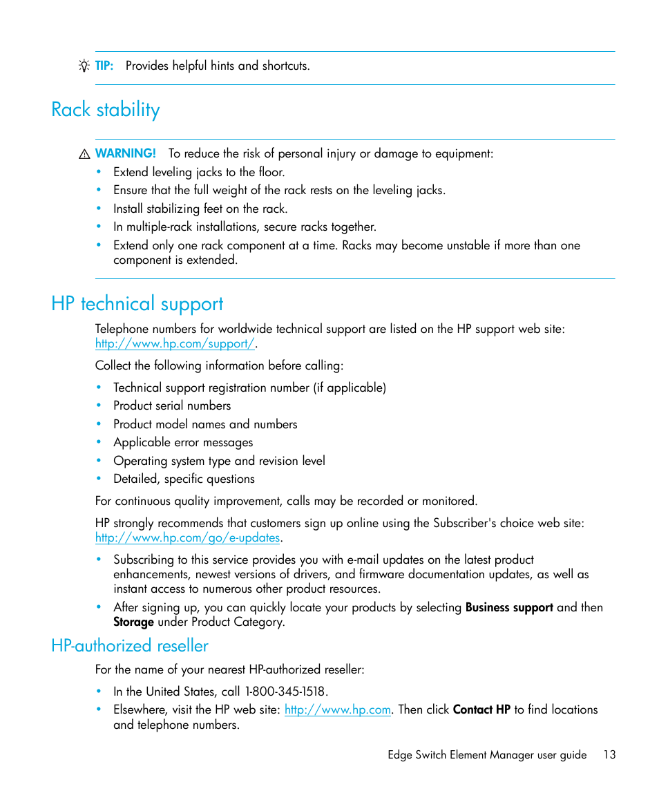 Rack stability, Hp technical support, Hp-authorized reseller | HP StorageWorks 2.32 Edge Switch User Manual | Page 13 / 228