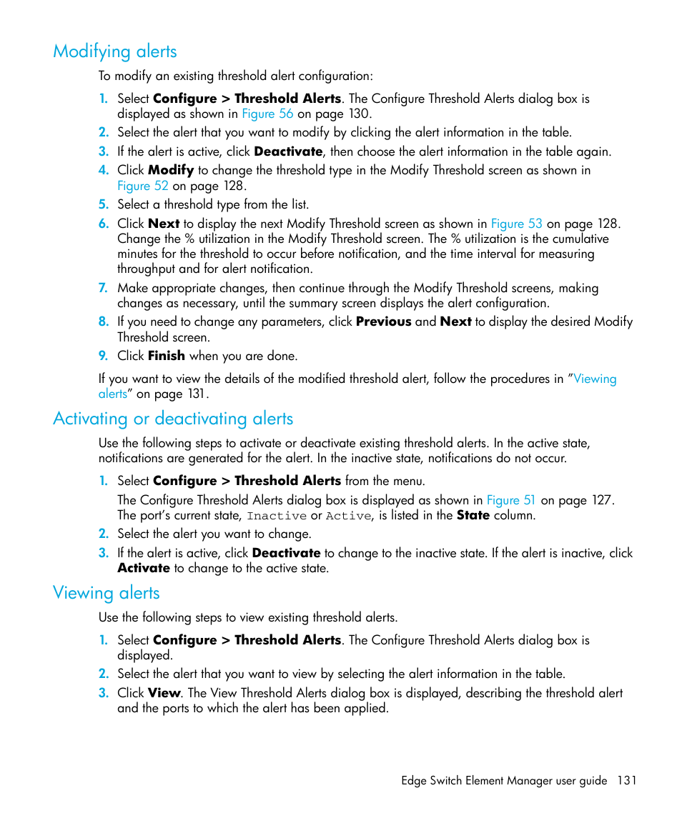 Modifying alerts, Activating or deactivating alerts, Viewing alerts | HP StorageWorks 2.32 Edge Switch User Manual | Page 131 / 228