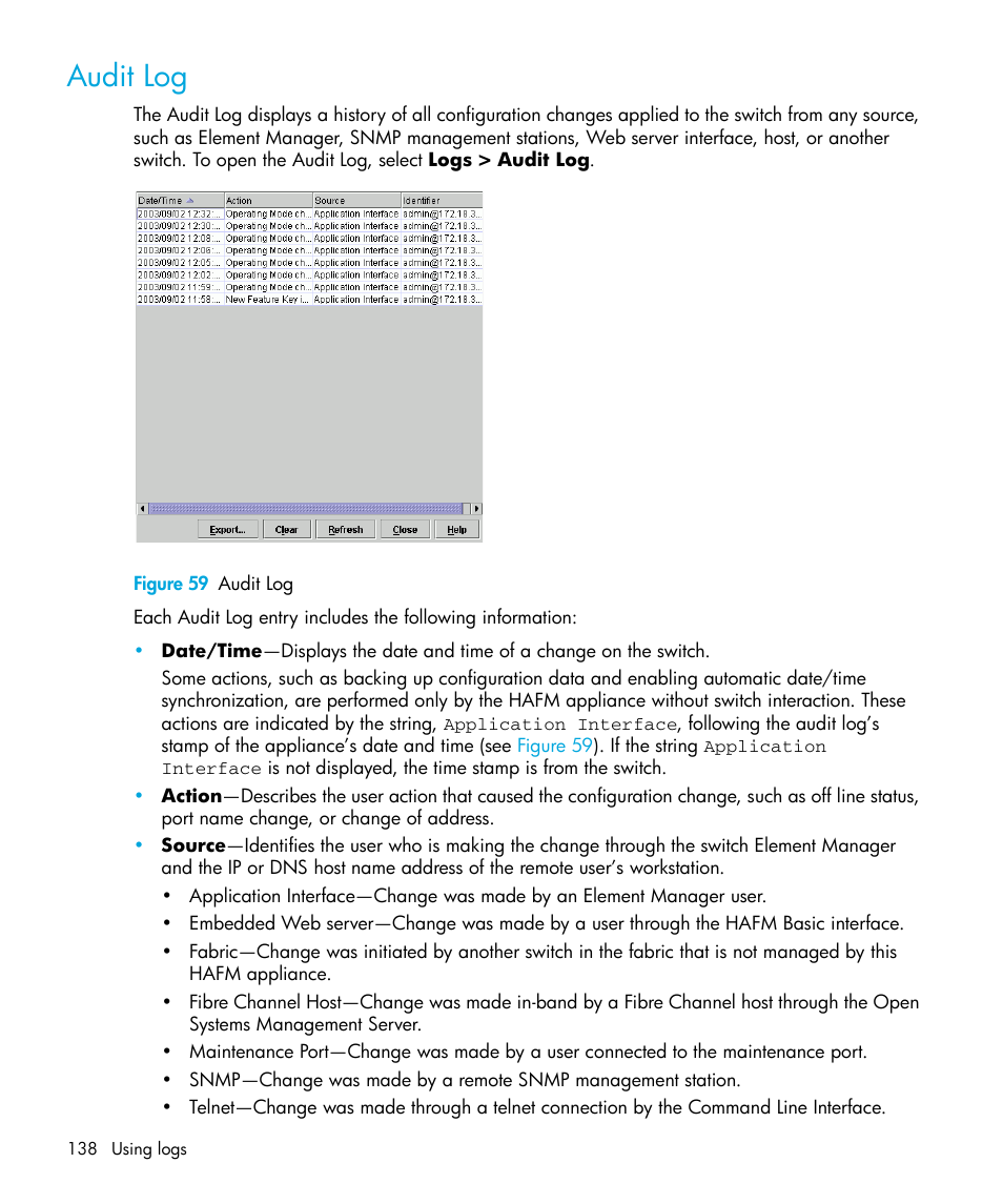 Audit log, Figure 59 audit log, 59 audit log | HP StorageWorks 2.32 Edge Switch User Manual | Page 138 / 228