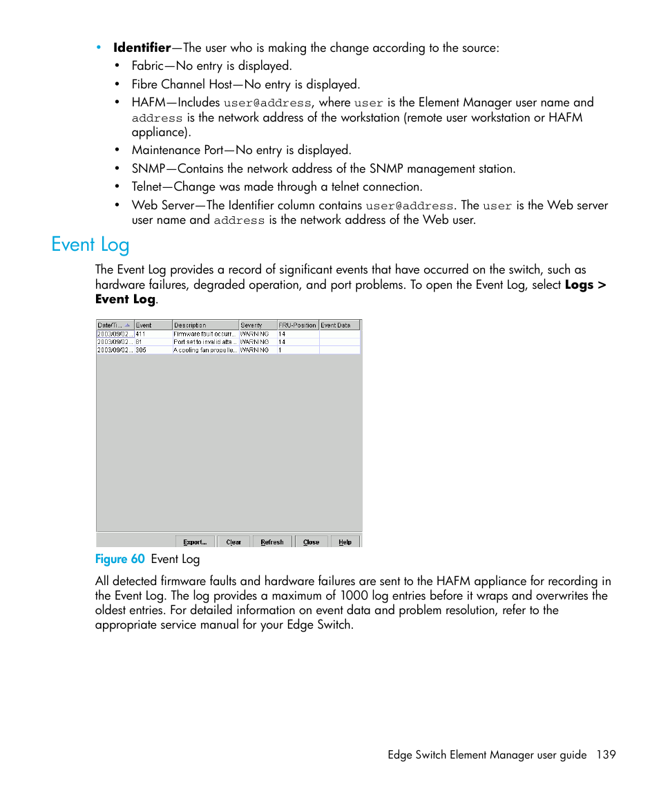 Event log, Figure 60 event log, 60 event log | HP StorageWorks 2.32 Edge Switch User Manual | Page 139 / 228