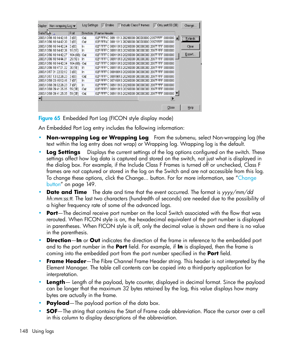 65 embedded port log (ficon style display mode) | HP StorageWorks 2.32 Edge Switch User Manual | Page 148 / 228