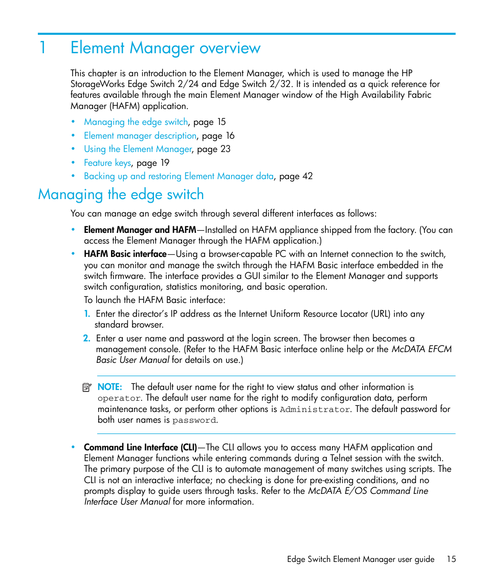 Element manager overview, Managing the edge switch, 1 element manager overview | 1element manager overview | HP StorageWorks 2.32 Edge Switch User Manual | Page 15 / 228