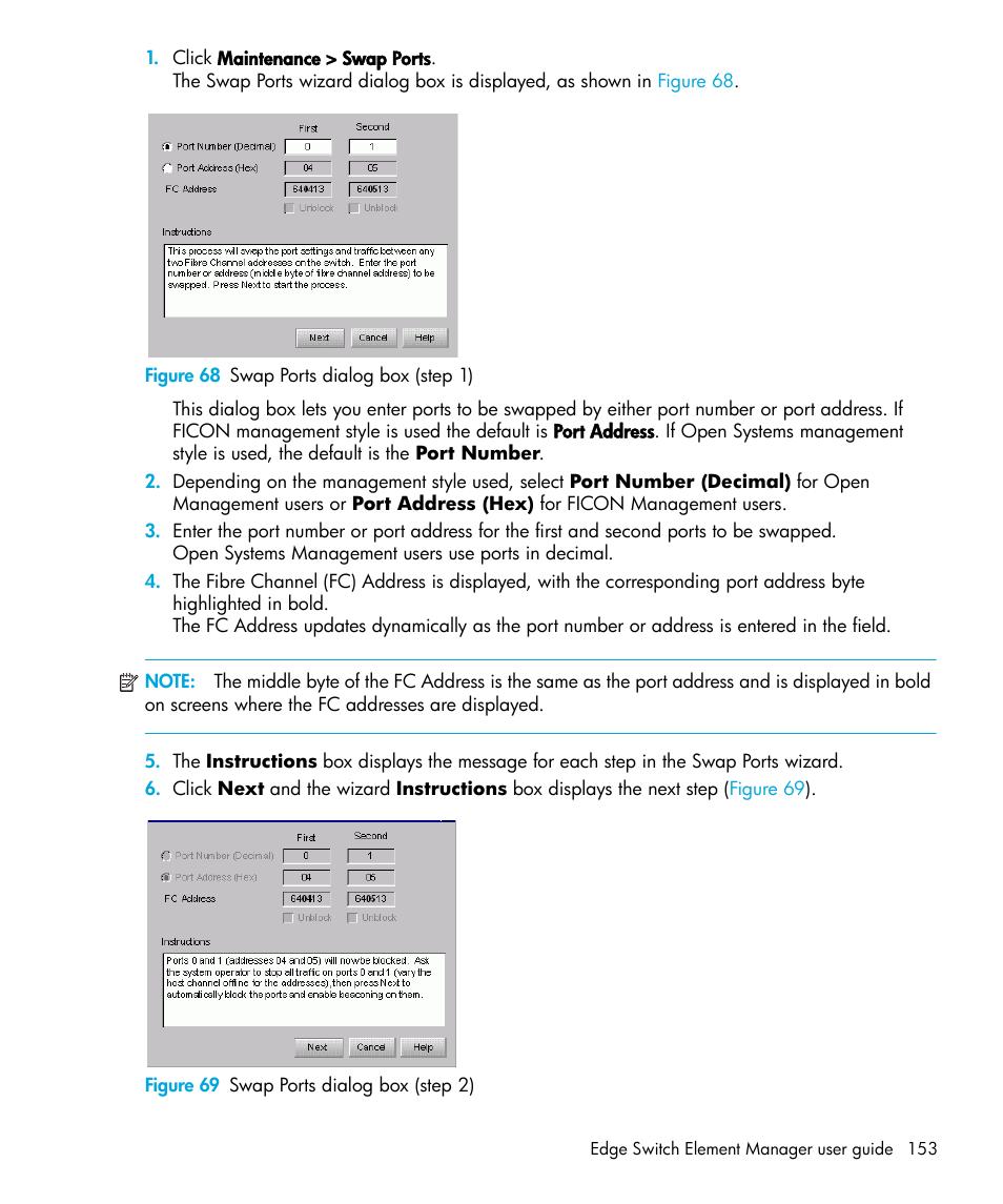 Figure 68 swap ports dialog box (step 1), Figure 69 swap ports dialog box (step 2), 68 swap ports dialog box (step 1) | 69 swap ports dialog box (step 2) | HP StorageWorks 2.32 Edge Switch User Manual | Page 153 / 228