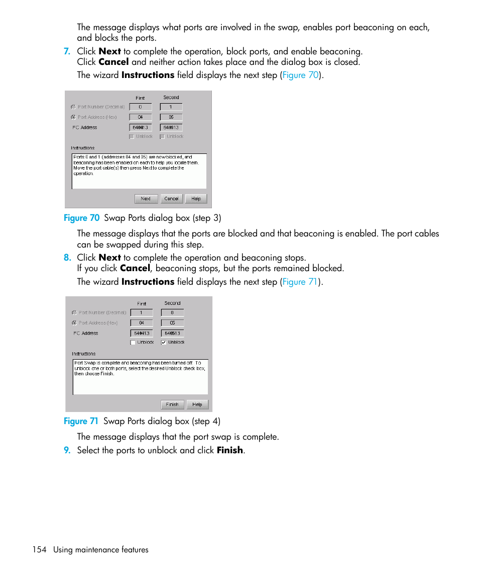 Figure 70 swap ports dialog box (step 3), Figure 71 swap ports dialog box (step 4), 70 swap ports dialog box (step 3) | 71 swap ports dialog box (step 4) | HP StorageWorks 2.32 Edge Switch User Manual | Page 154 / 228