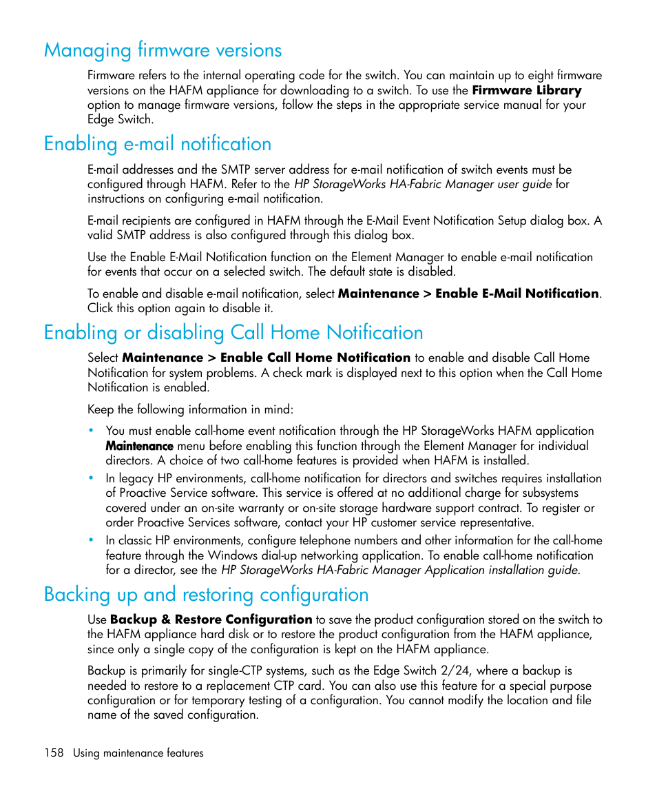 Managing firmware versions, Enabling e-mail notification, Enabling or disabling call home notification | Backing up and restoring configuration, Enabling or disabling call home, Notification | HP StorageWorks 2.32 Edge Switch User Manual | Page 158 / 228