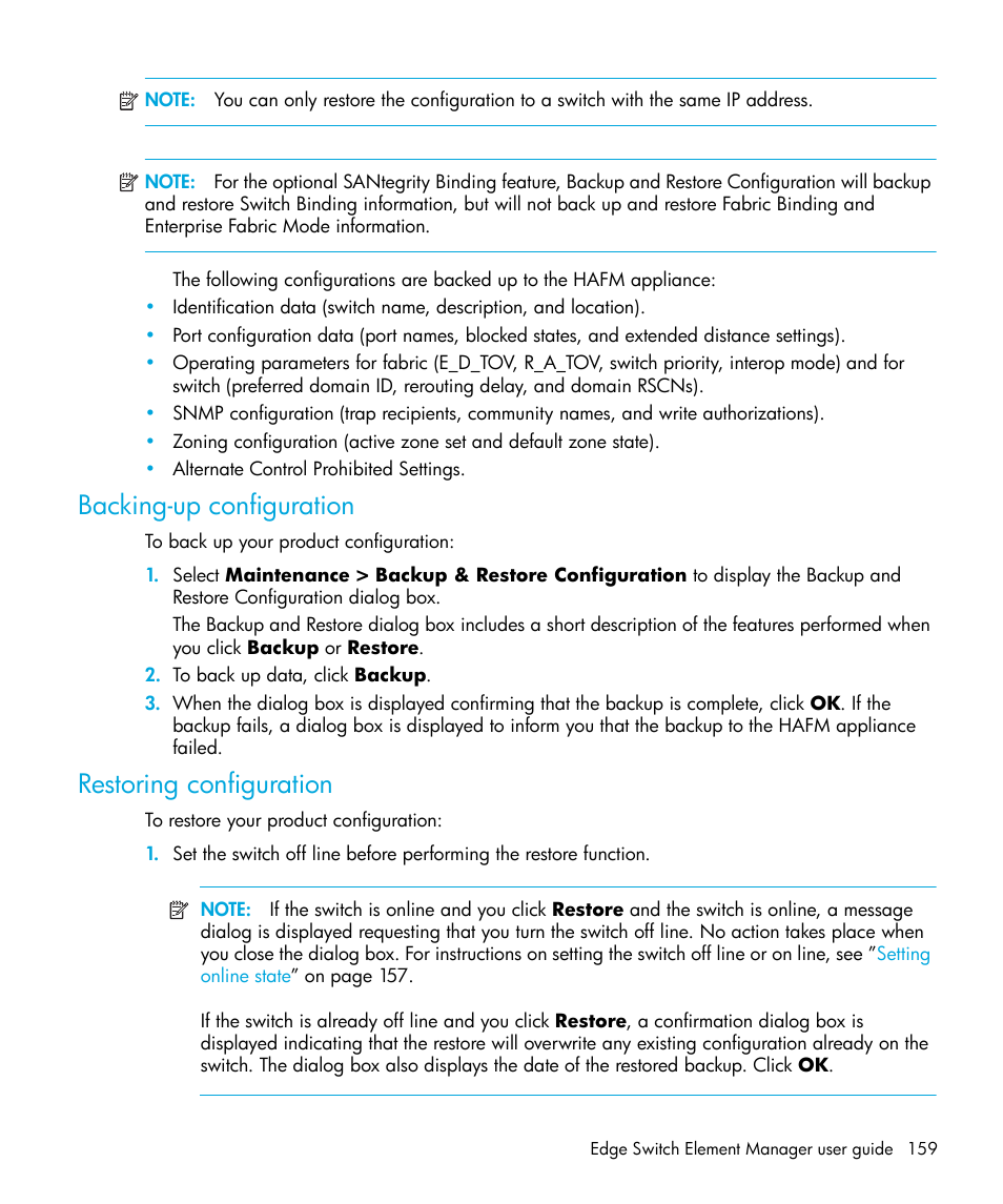 Backing-up configuration, Restoring configuration | HP StorageWorks 2.32 Edge Switch User Manual | Page 159 / 228