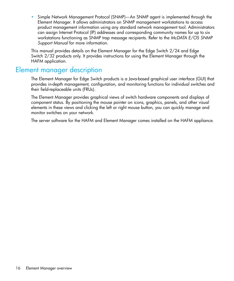 Element manager description | HP StorageWorks 2.32 Edge Switch User Manual | Page 16 / 228