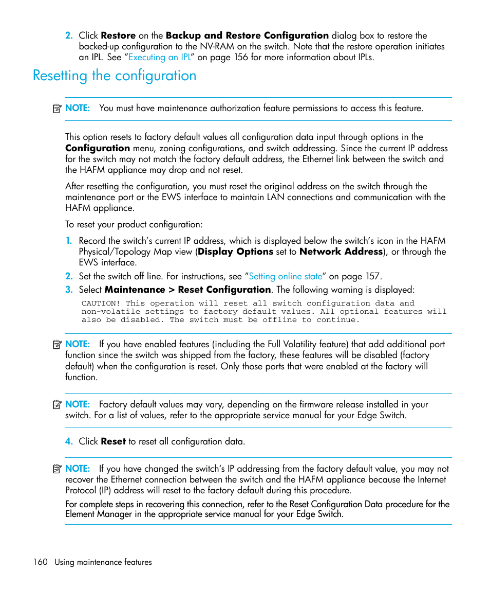 Resetting the configuration | HP StorageWorks 2.32 Edge Switch User Manual | Page 160 / 228