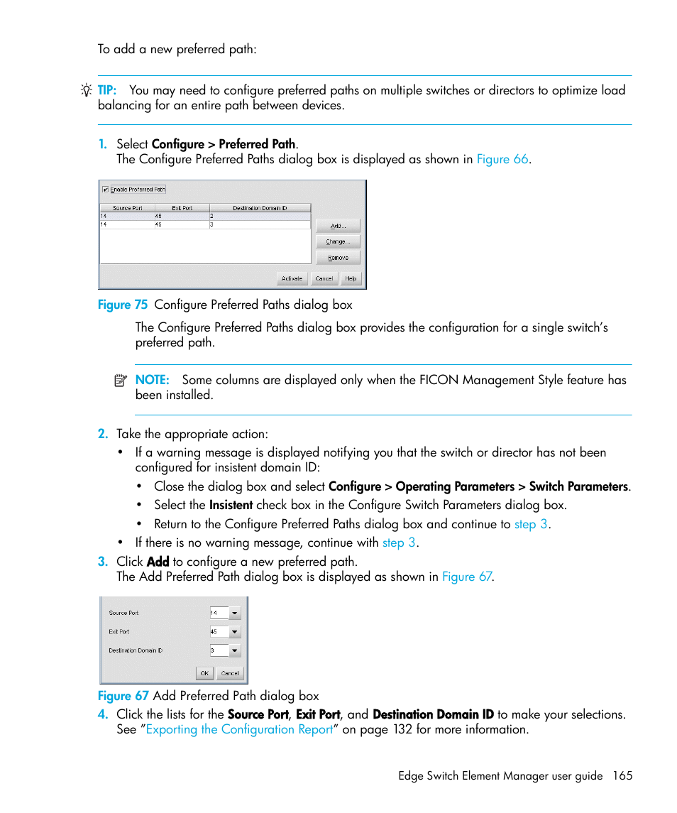 Figure 75 configure preferred paths dialog box, 75 configure preferred paths dialog box | HP StorageWorks 2.32 Edge Switch User Manual | Page 165 / 228