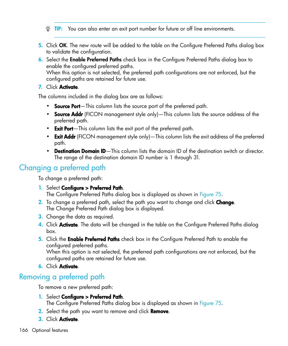 Changing a preferred path, Removing a preferred path | HP StorageWorks 2.32 Edge Switch User Manual | Page 166 / 228